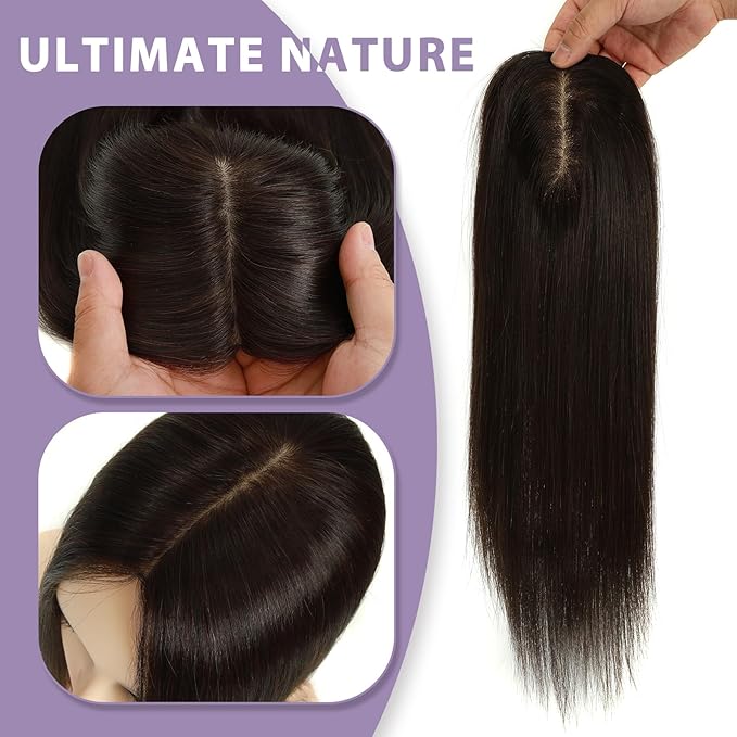 Hair Toppers for Women Real Human Hair, 3x5 Inch Injected Silk Base No Bangs 18 Inch Length 130% Density Hairpieces #1C Natural Black (Subtle Red Undertones in Sunlight)
