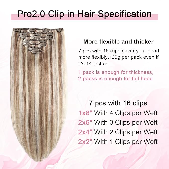 Pro2.0 Remy Real Human Hair Extensions Clip ins 120g Thick 7pcs Color #8p60 Brown Highlights Platinum Blonde Remy Clip in Hair Extensions Real Human Hair 16inch Double Weft（#8p60-16inch）