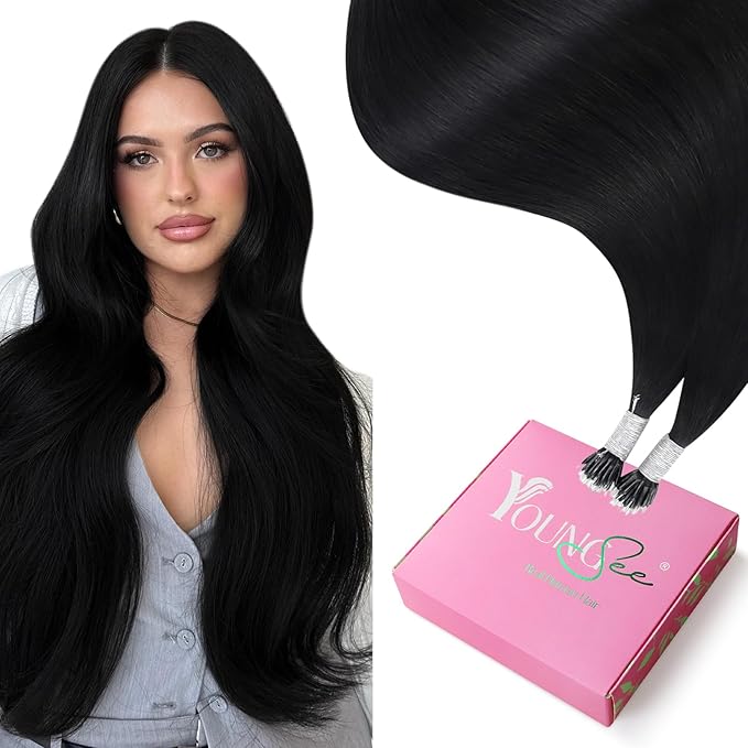 YoungSee Black Nano Ring Hair Extensions Human Hair 24 Inch Nano Beads Hair Extensions Jet Black Nanoring Hair Extension Real Human Hair Cold Fusion Nano-Tip Hair Extension for Long Hair 50s 50g