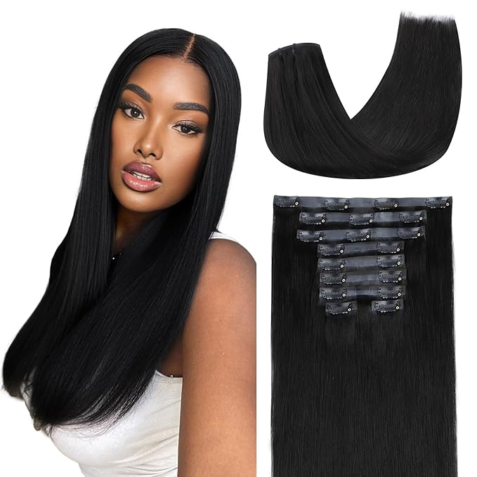 Lashey Seamless Clip in Hair Extensions Human Hair 130g 9pcs #1 Jet Black Straight 14 Inch Human Hair Clip in Extensions for Women