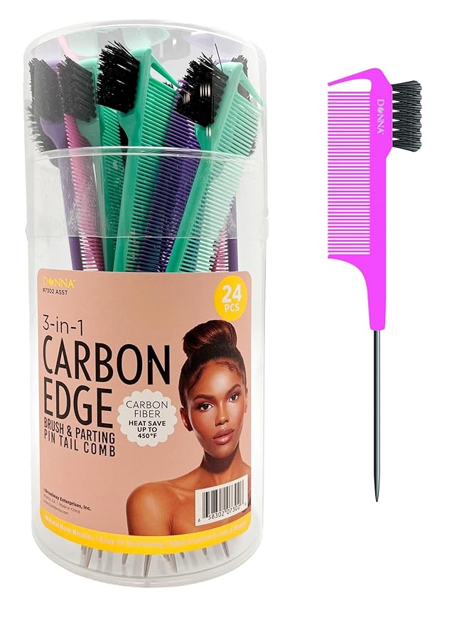 Donna Professional Essential Carbon Parting Pin Tail Comb – Heat Resistant & Anti-Static Combs with Metal Pin Tail for Braids, Twists & Natural Hair Sectioning (3 IN 1)