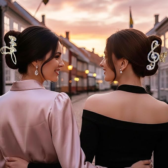 4Pcs Large Metal Hair Claw Clips with Rhinestones & Pearls, Peacock-Music Note-Butterfly-Ginkgo Non-Slip Hair Clips for Thin/Medium/Thick Hair, Gold Sparkly Strong Hold Hair Claws for Women Girls