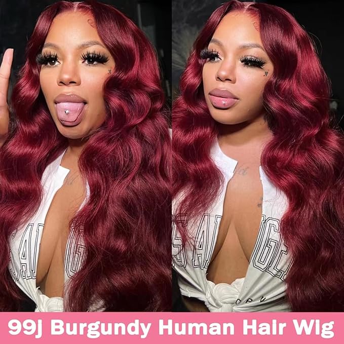 99J Burgundy Wig Human Hair 13x4 Body Wave Lace Front Wigs Human Hair 180 Density Pre Plucked Glueless Wine Red Colored Lace Front Wig for Women 32 Inch