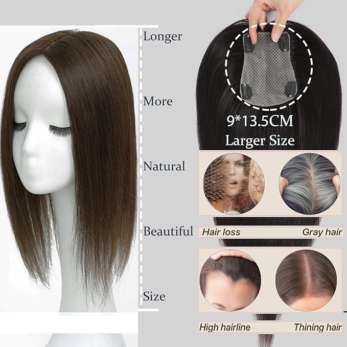 Hair Toppers for Women Real Human Hair, 360° 3D Human with Thinning Upgrade Middle Part Clip in Bangs Topper Hair Pieces for Women Daily (Mocha Brown, 16 Inch)