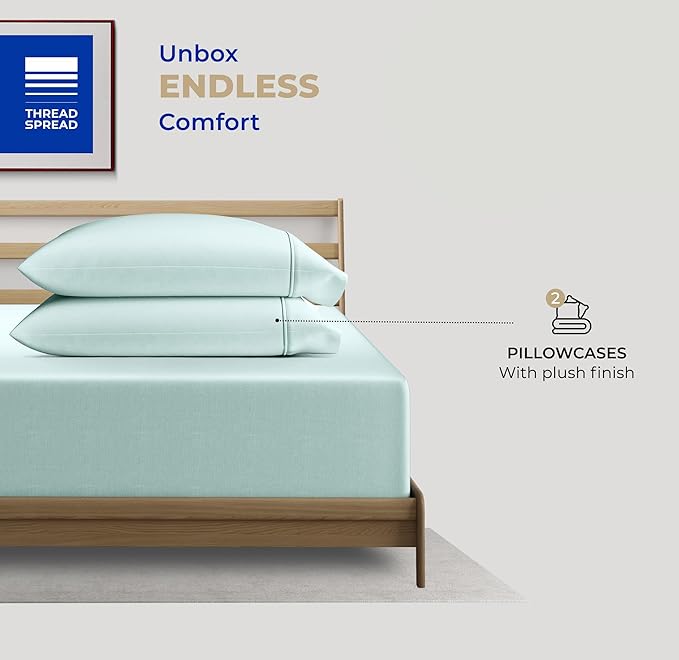 THREAD SPREAD 100% Cotton King Size Pillow Cases Set of 2-400 Thread Count Pillow Cases King Size Set of 2 (Sea Foam), Luxuriously Soft Hotel Quality Sateen Weave Pillowcases, Crisp & Cool