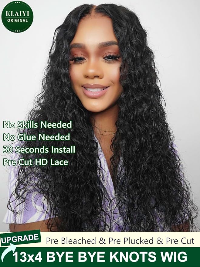 KLAIYI Pre Everything 13x4 Glueless Lace Front Wig Human Hair Water Wave Bye Bye Knots Put On and Go Wig Pre Cut Lace Pre Bleached Pre Plucked 30S Easy To Wear Beginner Curly Wig with Baby Hair 24Inch
