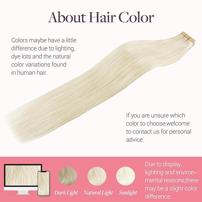 GOO GOO Tape in Hair Extensions Human Hair, 60A Platinum Blonde, 22inch 50g 20pcs, Skin Weft Seamless Invisible, Silky Straight with Thick Ends, Remy Human Hair