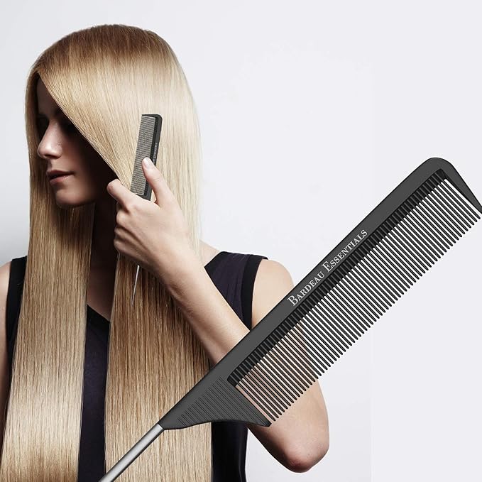 Professional 8.8 Inch Tail Comb (2 Pack) - Black Carbon Fiber And Stainless Steel Tail Comb - Anti Static And Heat Resistant - Lightweight For All Hair Types By Bardeau Essentials