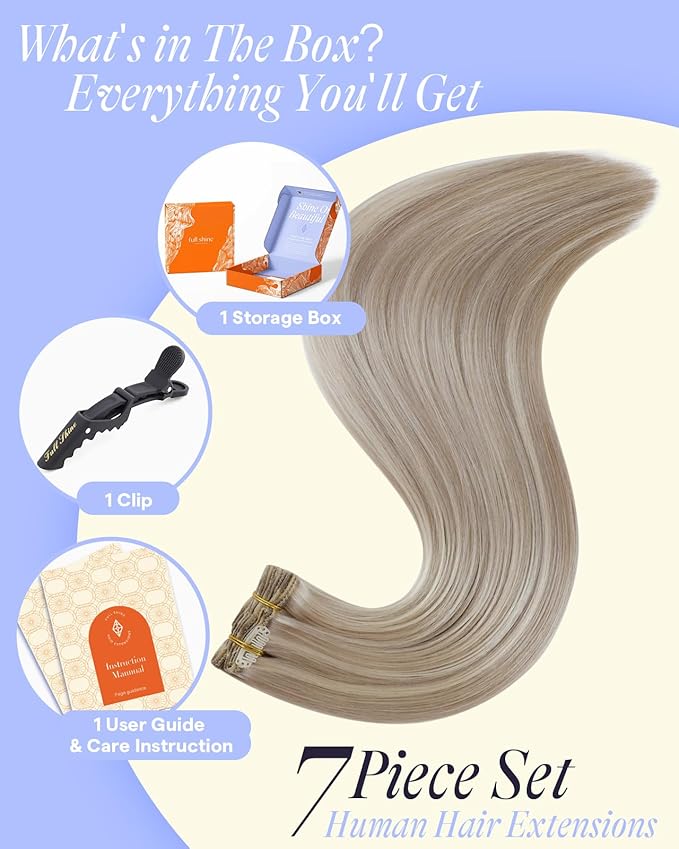 Full Shine Ash Blonde Clip in Hair Extensions Human Hair Thick Ash Blonde Highlighted Clip in Extensions for DIY 22 Inch 150 G 7 Pcs