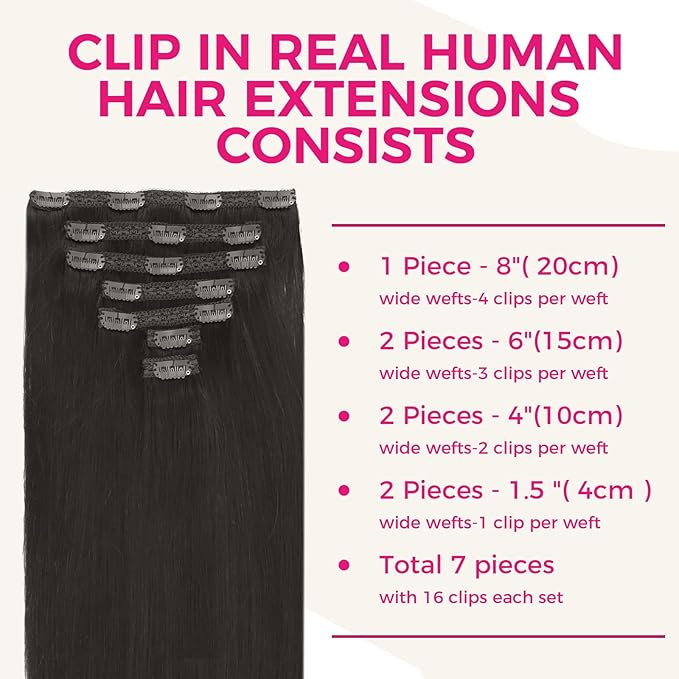 Lashey Clip in Hair Extensions Real Human Hair, 16 Inch #1B Natural Black 7pcs 120g, Human Hair Clip in Extensions Thick Straight Hair for Women