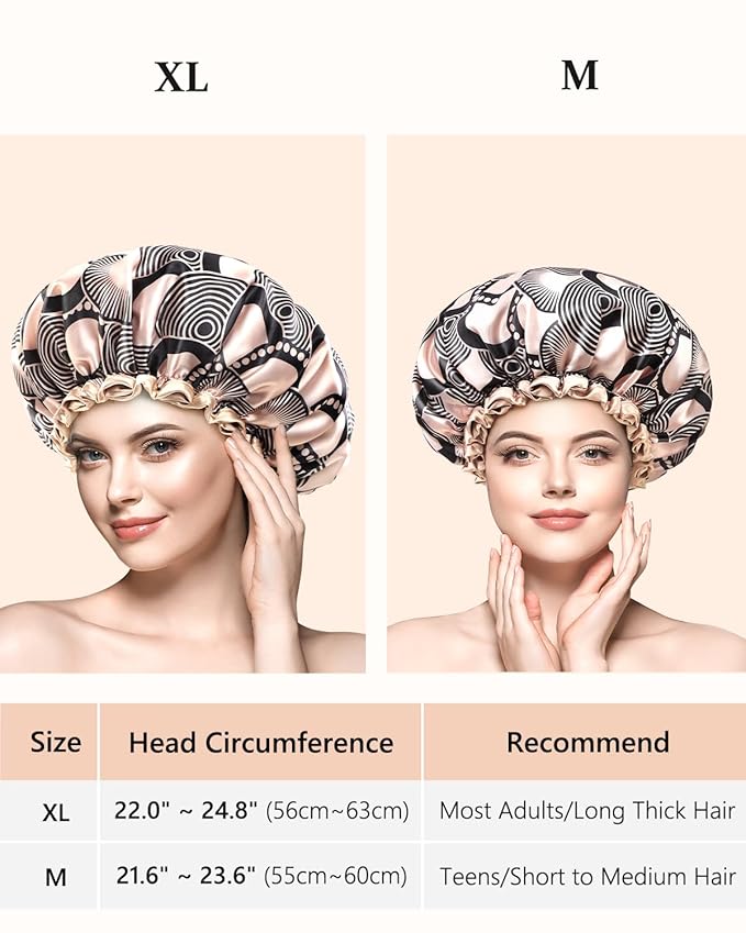 mikimini Large Shower Cap for Women Long Hair, Champagne Shower Caps with Lace, Double Layer Waterproof, Reusable, Washable, High-quality