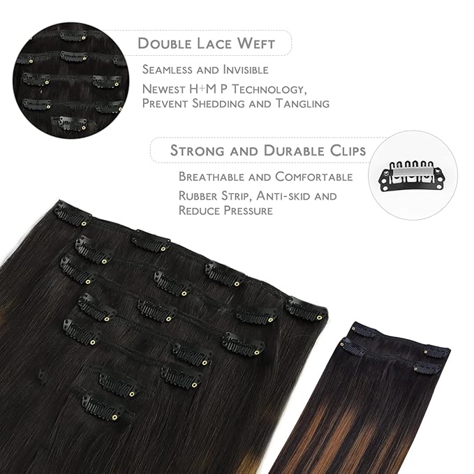 WENNALIFE Clip in Hair Extensions, 150g 22 Inch 9pcs Balayage Natural Black to Chestnut Brown Human Hair Extensions Thicker Real Human Hair Clip Set Double Weft