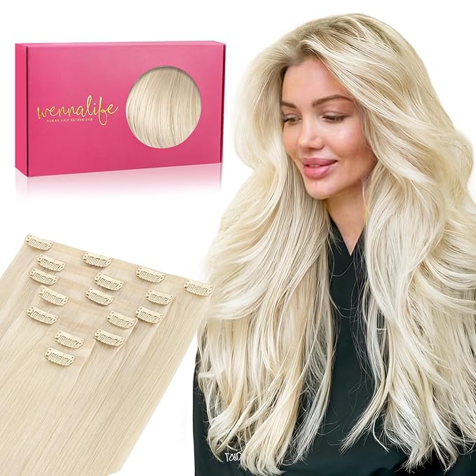 WENNALIFE Seamless Clip In Hair Extensions Human Hair, 14 Inch 130g 7pcs Platinum Blonde Real Hair Extensions Clip in Human Hair Invisible PU Skin Weft Natural Remy Human Hair Extensions