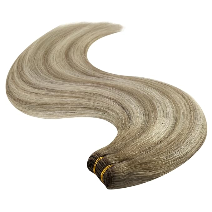 YoungSee Sew in Hair Extensions Real Human Hair Balayage Hair Extensions Weft Light Brown Mix Platinum Blonde Balayage Weft Hair Extension Human Hair for Full Head 20Inch 100G