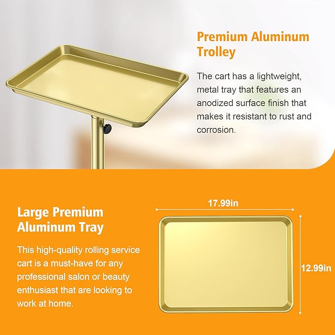 Salon Tray on Wheels - Premium Aluminum Tattoo Tray Rolling Trolley - Adjustable Salon Service Rolling Tray Hairdresser Cart with Clinic Spa Rolling Tray Wheels (Bronze)