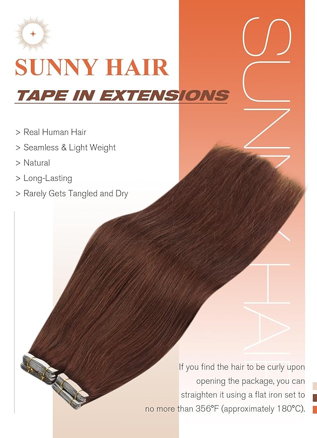 Sunny Hair Tape in Hair Extensions Real Human Hair Invisible Remy Hair Extensions Tape ins for Women Auburn Brown 16 inch 20Pcs 50G
