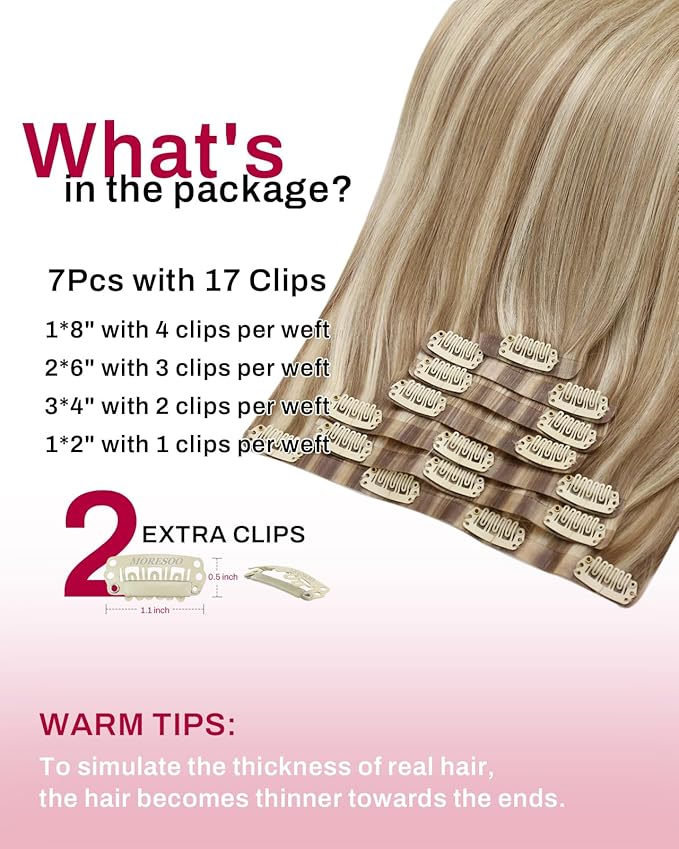 Moresoo Blonde Seamless Clip in Hair Extensions Real Human Hair Blonde Highlights Clip ins Human Hair Invisible Golden Brown with Platinum Blonde for Full Head 120g/7pcs 16 inch