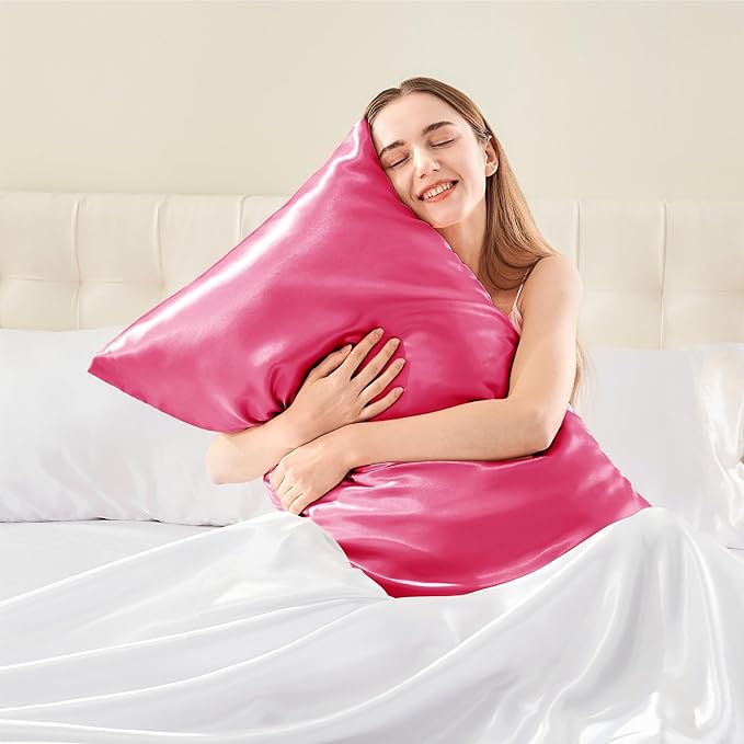 BEDELITE Satin Pillowcase with Zipper, Hot Pink King Size Pillow Cases Set of 2, Super Soft and Cooling Similar to Silk Pillow Cases, Gift for Women Men(20x36 Inches)