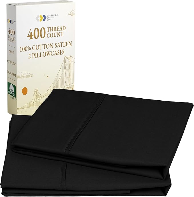 California Design Den Standard Queen Size Pillowcase Set - 400 Thread Count, 100% Cotton Sateen, Set of 2 Pillow Covers, Soft and Breathable - Black
