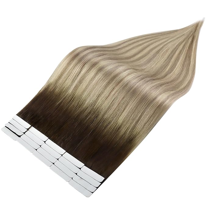 Full Shine Tape in Extensions Real Human Hair 14 Inch 20 Pcs 50 Gram Brown Fading to Ash Brown and Platinum Blonde Balayage Tape in Hair Extensions Skin Weft Hair Extensions Tape ins