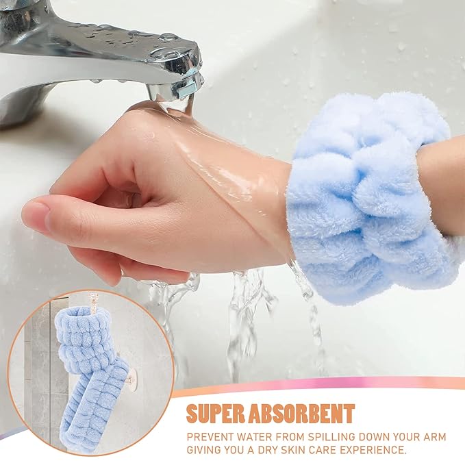Face Wash Headband and Wristband Set of 2, Wrist Towels with Holder Microfiber Wristbands for Washing Face Absorbent Spa Wristbands Wrist Scrunchies