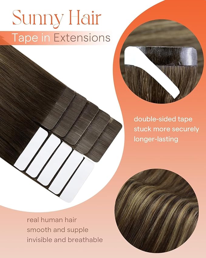 Sunny Hair Tape in Hair Extensions Real Human Hair Invisible Remy Hair Extensions Tape ins for Women Dark Brown Ombre Caramel Blonde Balayage 12 inch 20G