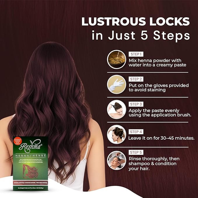 Reshma Beauty 30 Minute Henna Hair Color Infused with Organic Henna Lawsonia Inermis 100% Gray Coverage for Soft, Shiny Hair, Plant-Based Hair Dye—1.05 oz Pack of 1 (Wine Red)