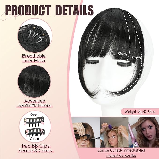 Clip in Bangs, Synthetic Wispy Bangs Hair Clip, Dark Black Fake Bangs Fringe with Temples Hairpieces for Women Natural Curved Hair Extensions for Daily Wear