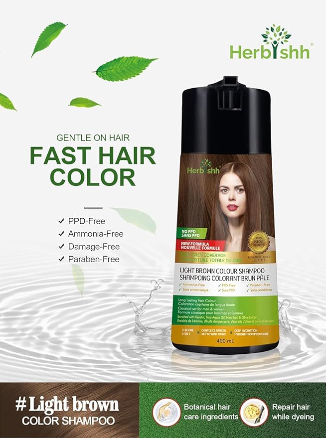 Herbishh Light Brown 3 in 1 Hair Dye Shampoo 400 ML PPD Free + Hair Color Stain Protector – Dye Shield or Defender for Skin