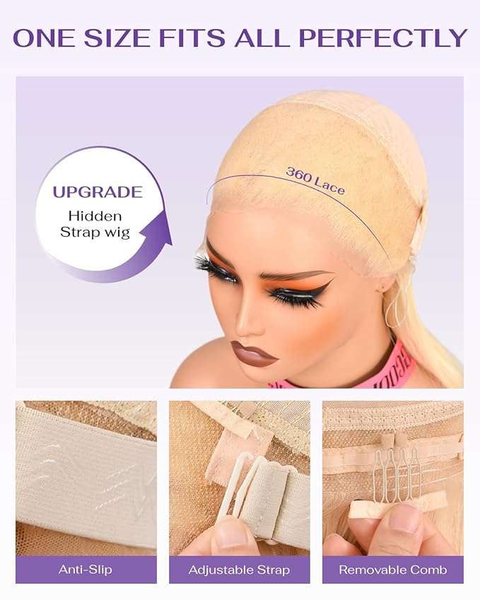Hidden Strap Body Wave 360 613 Lace Front Wig Human Hair Glueless Wigs Human hair Pre Plucked Pre Bleached 180% Density Blonde Wig With Drawstring HD Full Lace Human Hair Wigs 28Inch