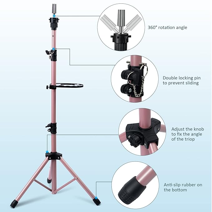 Klvied Wig Stand Tripod Upgraded, Mannequin Head Stand Double Locking, Reinforced Metal Wig Head Stand with Tool Tray, Rose Gold (53.5 Inches)