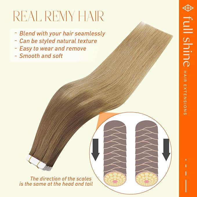 Full Shine Human Hair Tape in Extensions 50Gram Color Gold Brown to Dark Blonde 10/14 20PCS 20INCH Tape Hair Extensions Real Human Hair Adhesive Double Sided Add Length Skin Weft