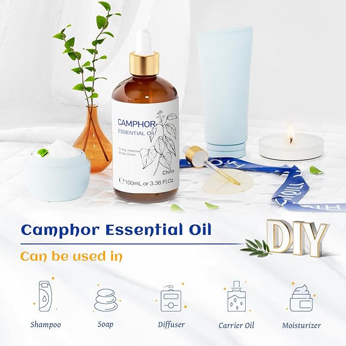 HIQILI 100ML Camphor Essential Oil Pure, 100% Undiluted for Skin, Diffuser, Aromatherapy - 3.38 Fl Oz