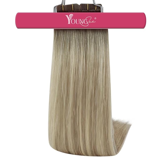 YoungSee Tape in Hair Extensions Human Hair Blonde 24 Inch Tape in Extensions Ash Blonde Ombre Platinum Blond Balayage Tape-on Hair Extension Real Human Hair Tapes ins Human Hair 24In 50g 20pcs