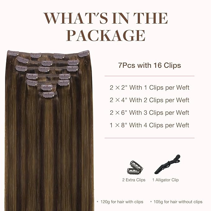 GOO GOO Clip in Hair Extensions Real Human Hair, Remy Human Hair Extensions Clip ins for Women, Natural Human Hair, 20inch 120g 7Pcs, 2C/4E/6C Brown Sugar Swirl Highlights