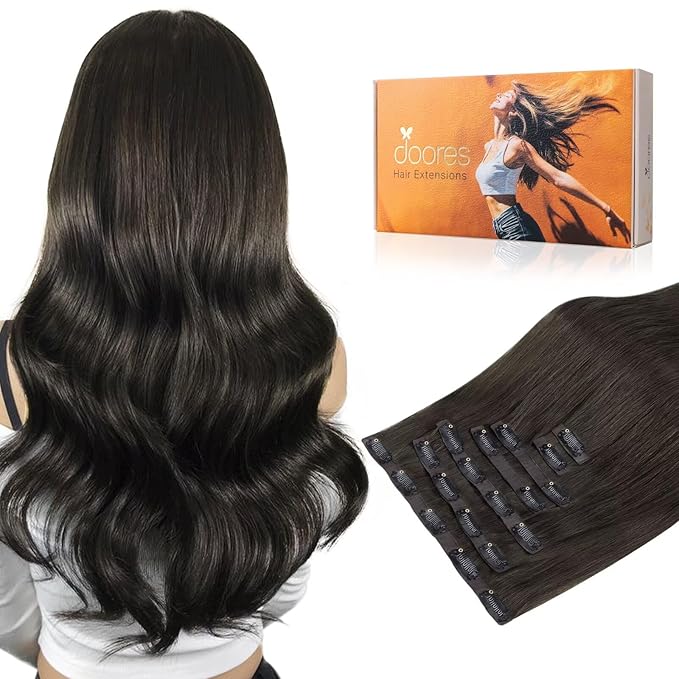 DOORES Seamless Clip-in Human Hair Extensions, Mocha Brown 130g 9pcs 14 Inch, Invisi-Edge Real Remy Natural Thick Straight Hair