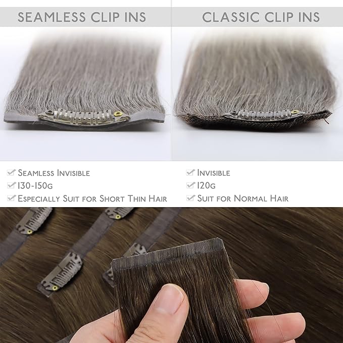 WENNALIFE Seamless Clip In Hair Extensions, 22 Inch 7pcs 150g Ombre Walnut Brown to Ash Brown and Bleach Blonde, Invisible PU Weft Natural Real Human Hair Extensions