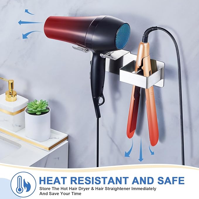 Hair Dryer Holder Wall Mounted, Hair Straightener Holder Stainless Steel, Adhesive Blow Dryer and Hair Straightener Holder, Bathroom Bedroom Hair Tool Organizer for Flat Iron,Curling Iron,Hairdryer