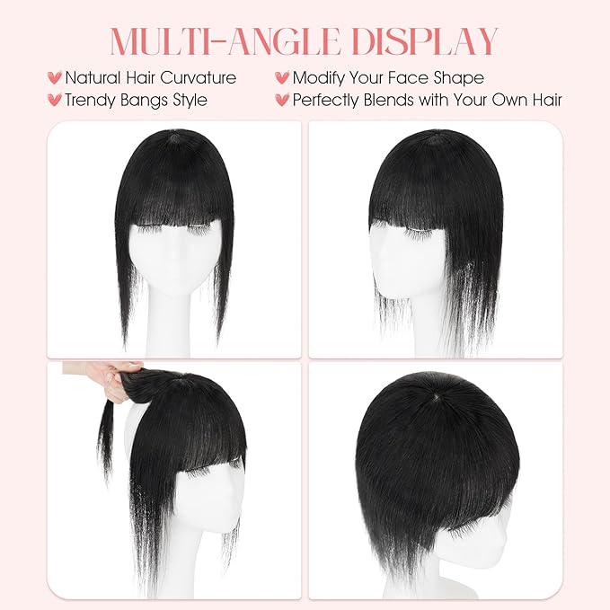 Hairro Mono Hair Toppers with Bangs, 3.4" x 3.4" Mono Base 100% Real Human Hairpieces for Women, 150% Density Clips In Topper for Greyish Thinning Hair, 20 Inch Jet Black