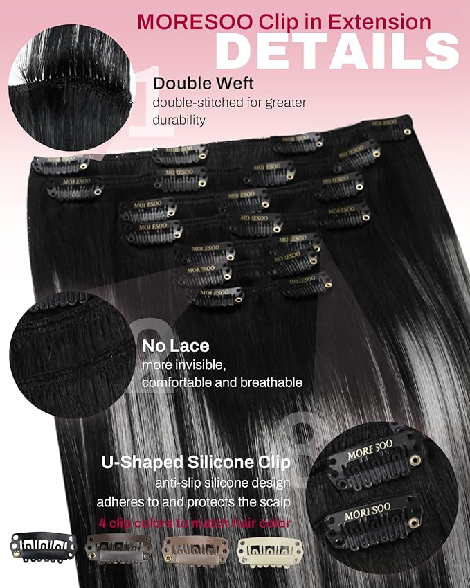 Moresoo Clip in Hair Extensions Ombre Black And Silver Human Hair Extensions Clip ins 24 inch Natural Black to Silver Grey Balayage Double Weft 150g/7pcs Long 24in