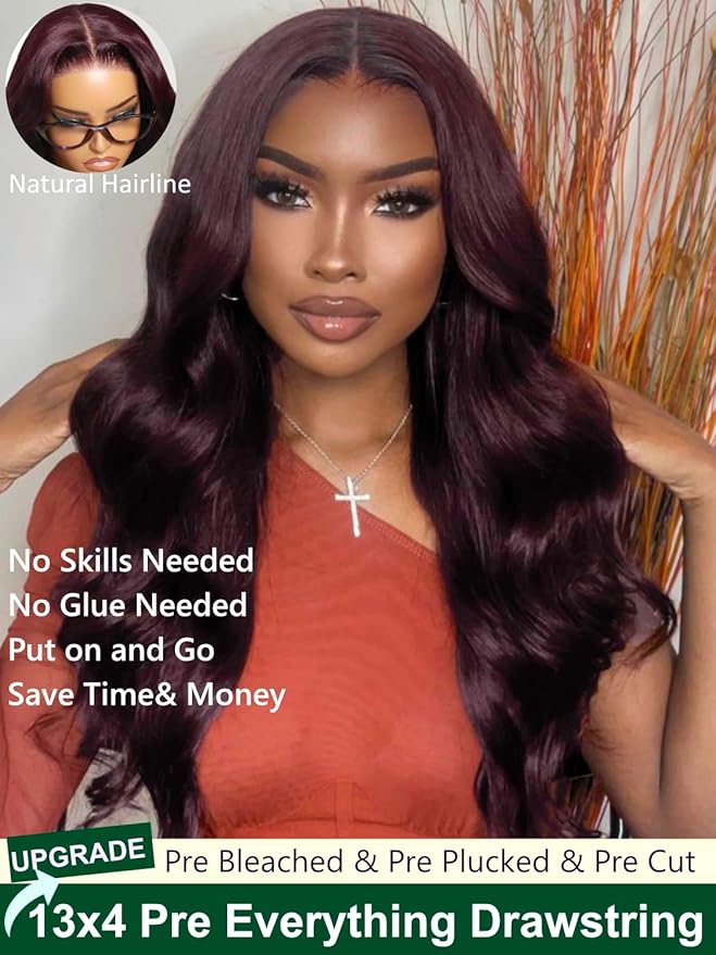 KLAIYI Black Cherry Loose Body Wave Pre Eeverything 13x4 Lace Frontal Wigs Human Hair Bye Bye Knots Glueless Ready to Wear and Go Wig with Face Framing Bangs Drawstring Pre Plucked Burgundy Wig 26Inch
