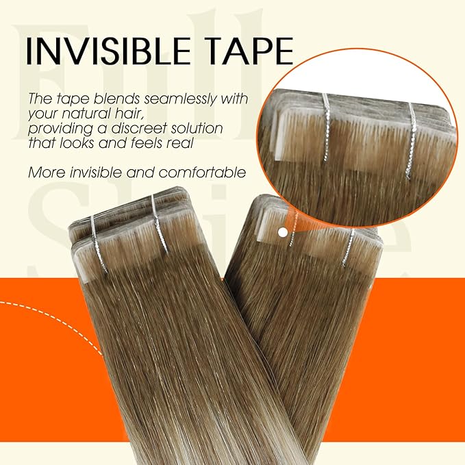 Full Shine Injection Tape in Hair Extensions Color 3/8/22 Ombre Balayage Human Hair Tape in Extensions 14Inch Seamless Skin Weft Natural Straight Remy Extension 40G 20Pcs Soft Silky