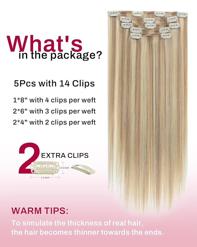 Moresoo Clip in Hair Extensions Real Human Hair Remy Human Hair Clip in Extensions Dark Ash Blonde Highlight with Golden Blonde Hair Extensions for Women 5pcs 80g 18inch