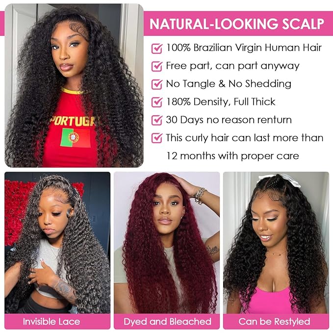 CYNOSURE HD Lace Frontal Wigs Human Hair Pre Plucked 180% Density 13x4 Kinky Curly Lace Frontal Human Hair Wigs for Black Women Glueless 26inch Long Curly Wig Natural Black Color