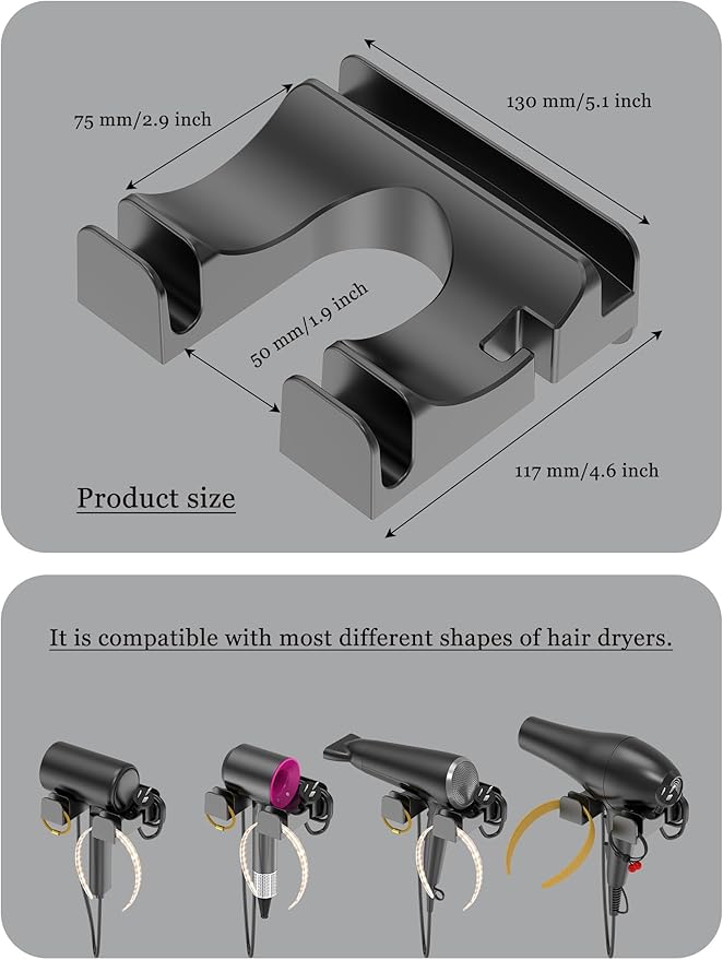 Universal Hair Dryer Holder Wall Mounted, Blow Dryer Holder Cabinet Door, Hairdryer Holder for Bathroom, Hair Dryer Storage Rack Fixed by Screw or Adhesive (Black)