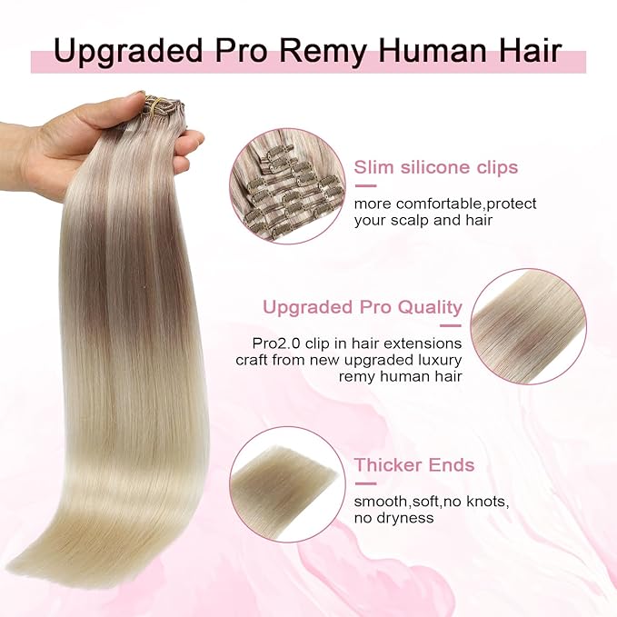 Pro2.0 Clip in Hair Extensions Real Human Hair 22inch 7pcs #18/22/60 Balayage Ash Blonde to Golden Blonde and Platinum Blonde Hair Extensions Clip in Human Hair 120g（#18/22/60-22inch）