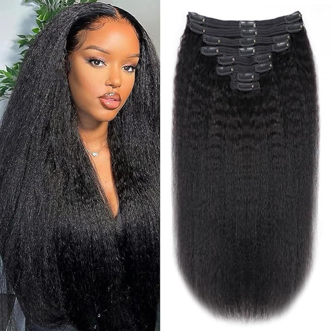 Kinky Straight Human Hair Clip in Extensions 120g Full Head Clip ins for Women 100% Unprocessed Brazilian Virgin Human Hair Yaki Straight Clip ins Remy Hair Natural Black 8Pcs 18Clips 22inch