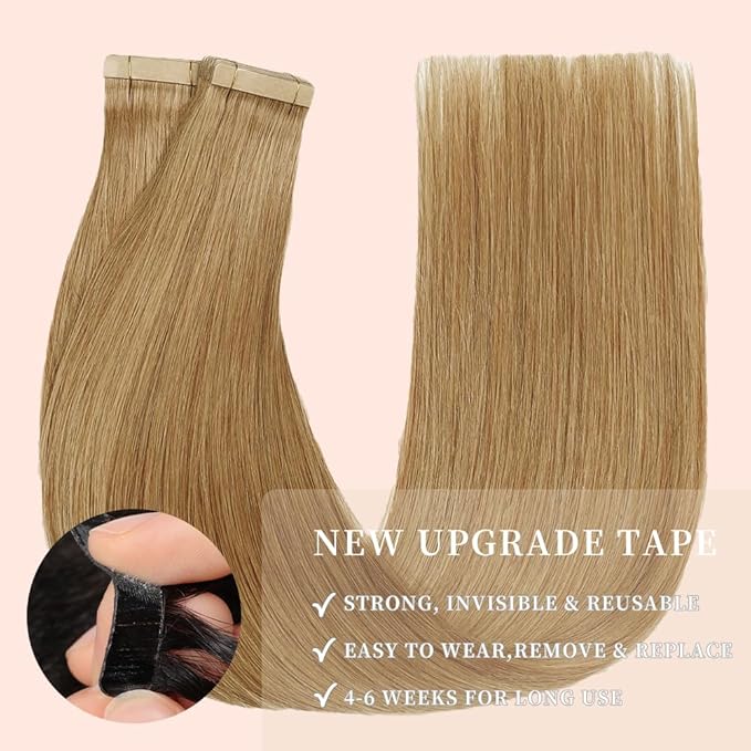 Tape in Hair Extensions Human Hair Honey Blonde Remy Hair Extensions 20pcs 14 Inch Straight Invisible Human Hair Tape in Extensions Skin Weft Tape Extensions Human Hair (27#,14 Inch)
