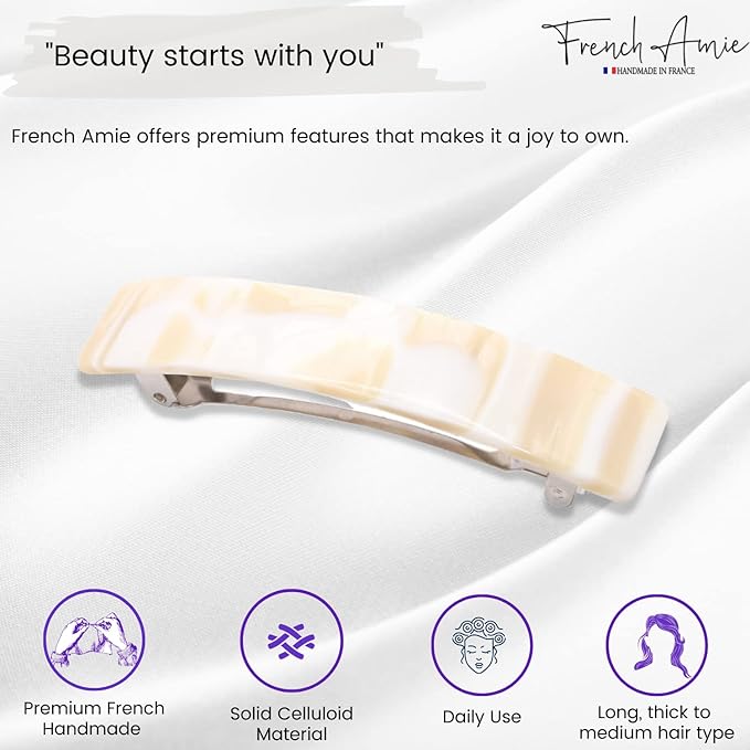 French Amie Oblong Handmade 3.5" Celluloid Automatic Hair Clip Barrette Hair Clip for Girls Strong Hold Hair Clips for Women No Slip Durable Paris Hair Accessories, Made in France (Cream Nouget)