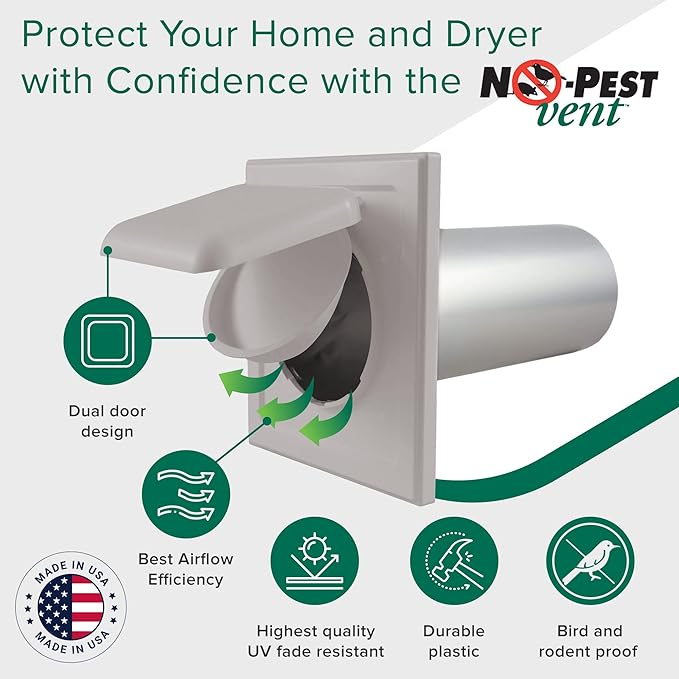 NO-PEST VENT, Exclusive Dual Door Dryer Vent Cover Outdoor 4 inch or Bathroom fan, Made in USA w Highest UV Resistant Plastic in any Outdoor Vent Cover (Light Grey, 4 inch With 12" Duct Tube)